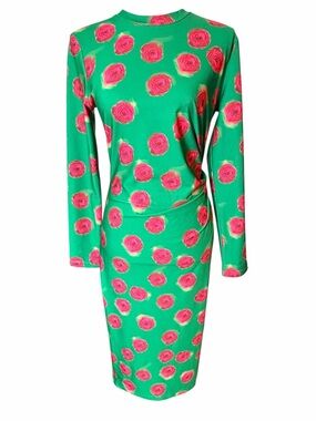 Jonathan Cohen Green Red Rose Print Long Sleeve Mock Neck Midi Dress Size S